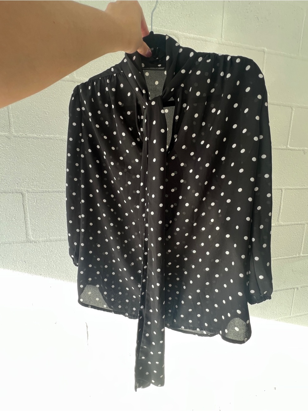 Avenue Black and White Polka Dot Tie-Neck Blouse